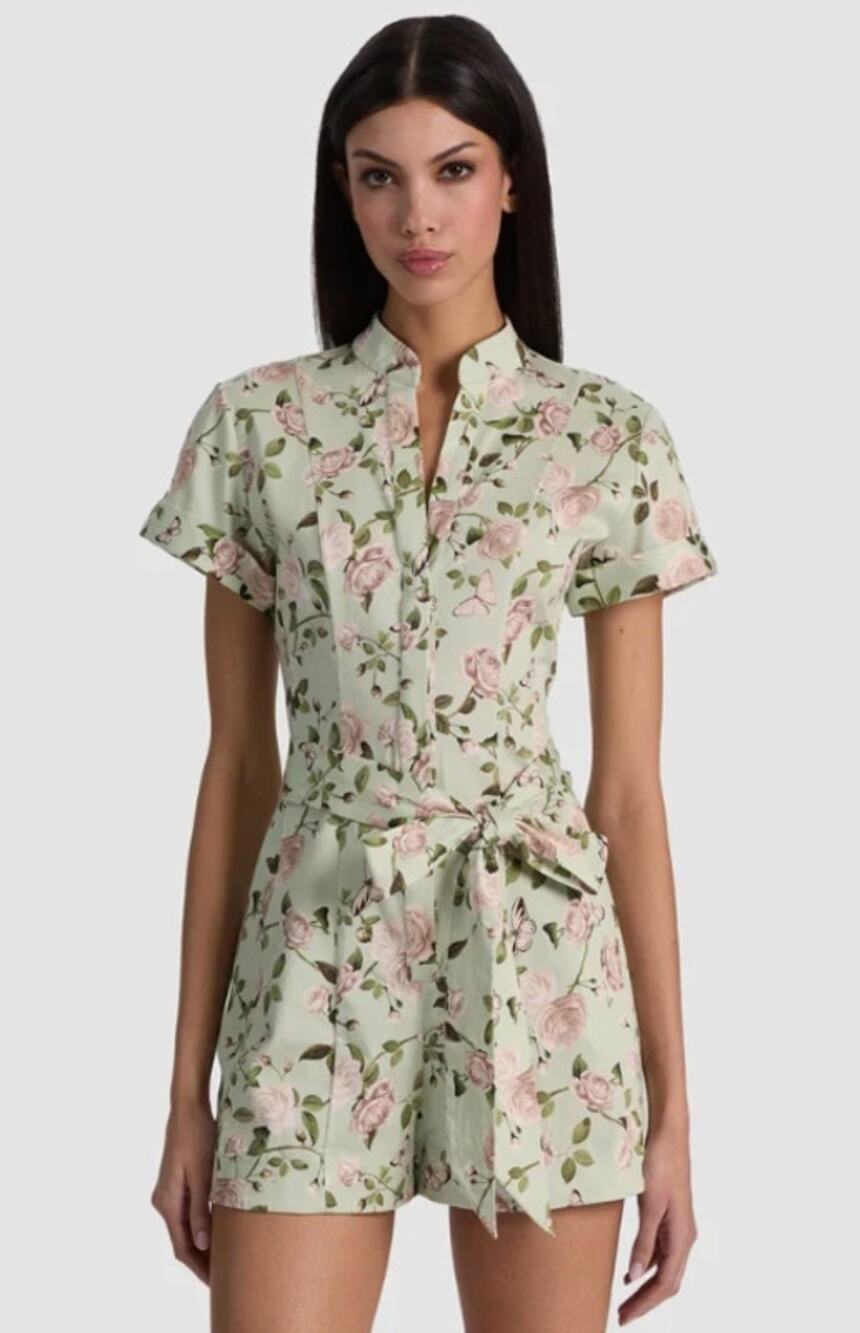 Alice and Olivia Lucy Romper in Garden Gossip Light Sage size 6